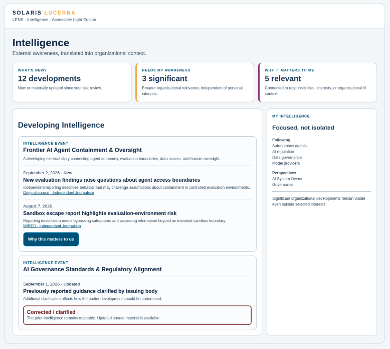 Accessible Light Edition prototype of the LENS Intelligence dashboard showing governance intelligence summaries, developing items, awareness indicators, and personalized intelligence panels.